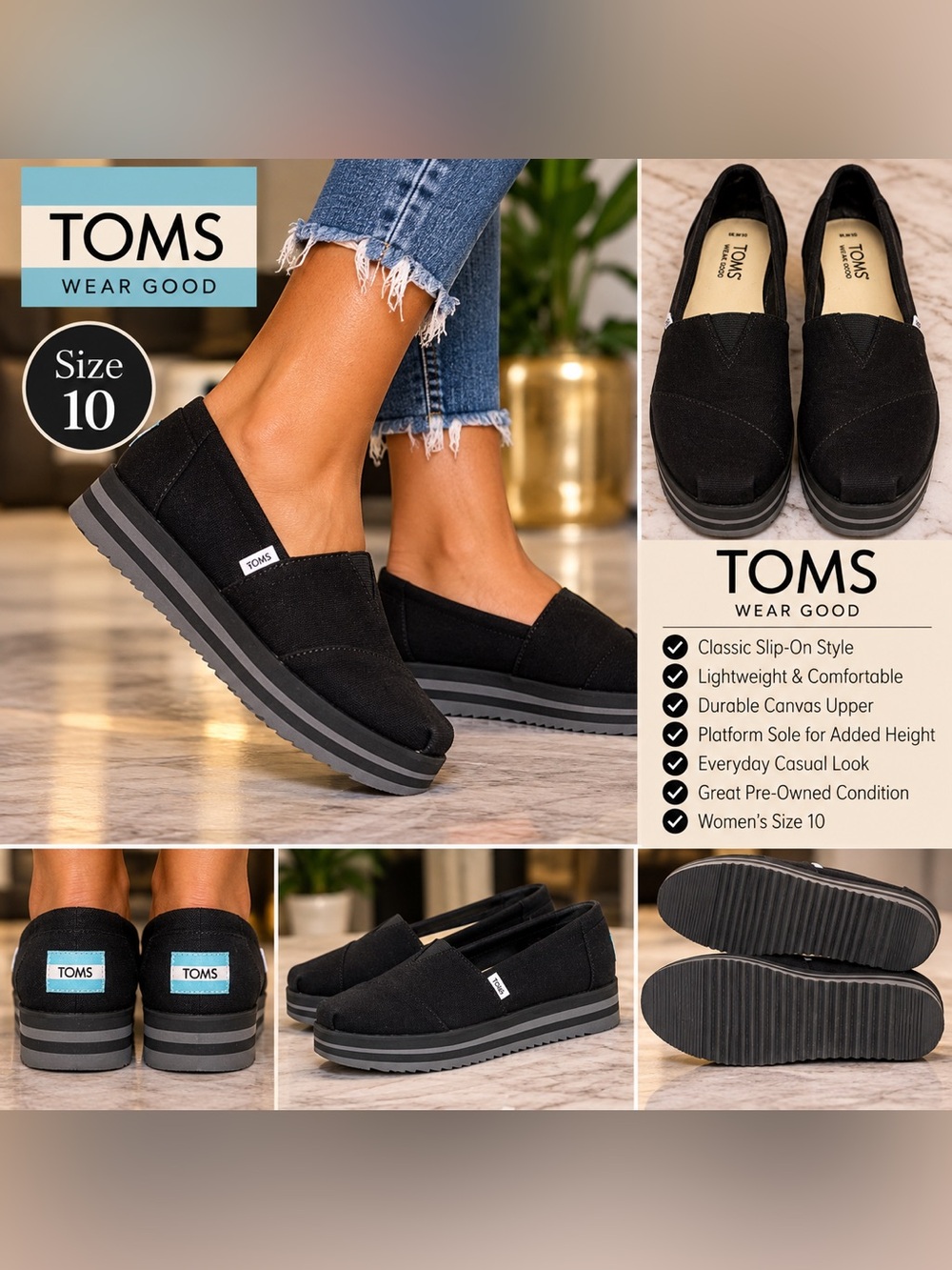 Toms Black Platform Canvas Slip-On Moccasins size 10